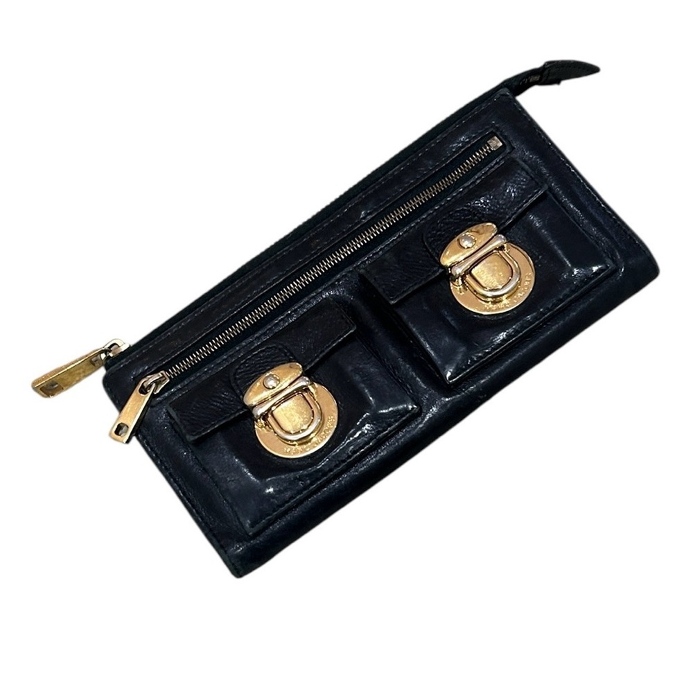 Marc Jacobs Black premium leather wallet Gold buckle & zipper multi compartments